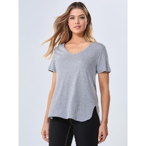Venca - Tee-shirt col V manches courtes bas arrondi femme - T shirts gris