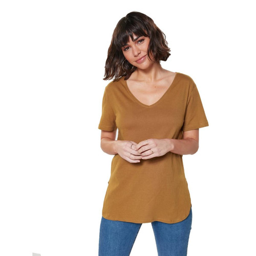Venca - Tee-shirt col V manches courtes bas arrondi femme - T shirts marron