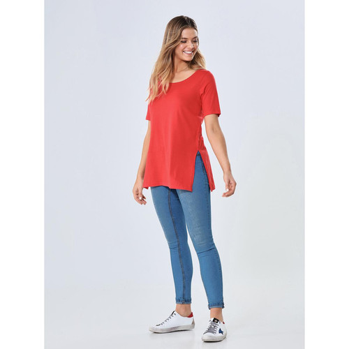 Venca - Tee-shirt long fendu manches courtes femme - T shirt rouge femme