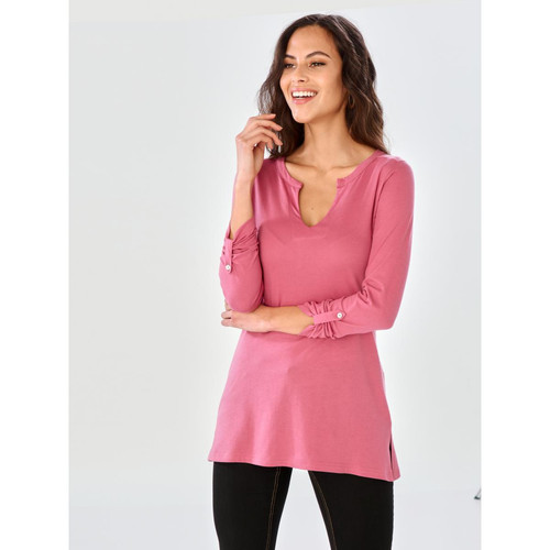 Venca - Tee-shirt long fendu manches longues ajustables femme - T shirts rose