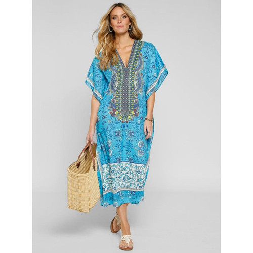 Venca - Tunique caftan, imprimé ethnique - T shirts manches courtes femme bleu