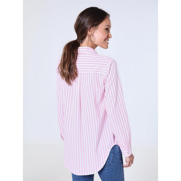 Chemise à rayures manche longue bas arrondi rose en coton Venca