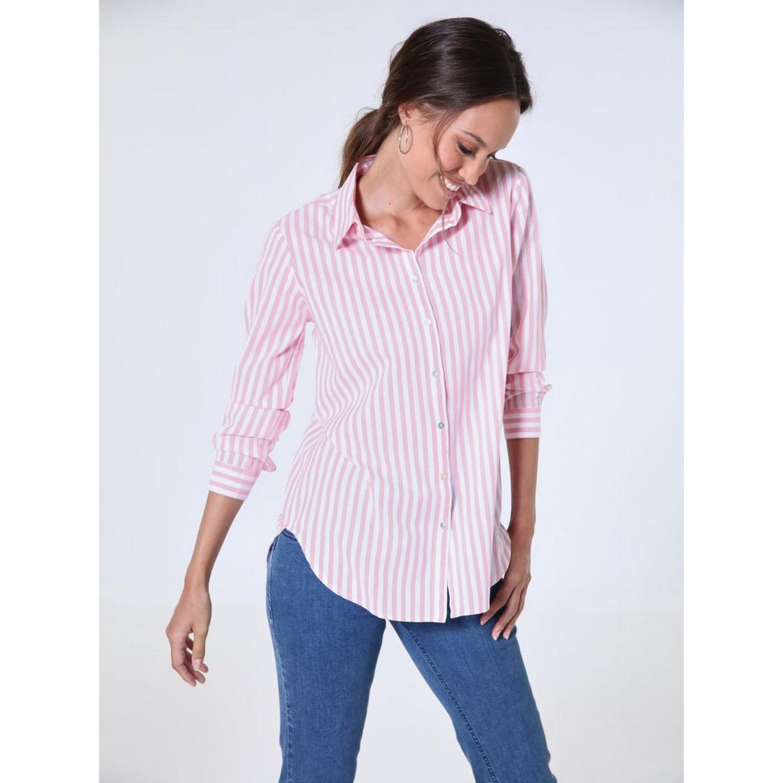 chemise à rayures manche longue bas arrondi rose en coton