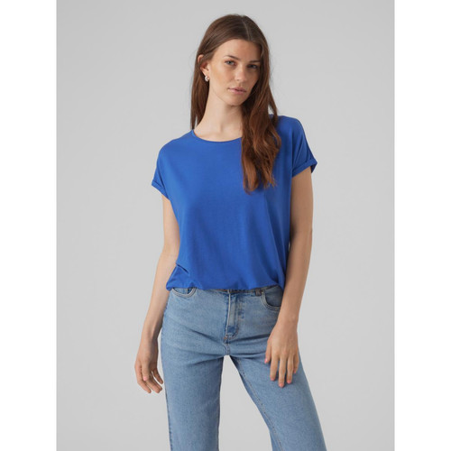 Vero Moda - T-shirt Regular Fit Col rond Manches courtes Longueur regular bleu en coton Cleo - T-shirt manches courtes femme