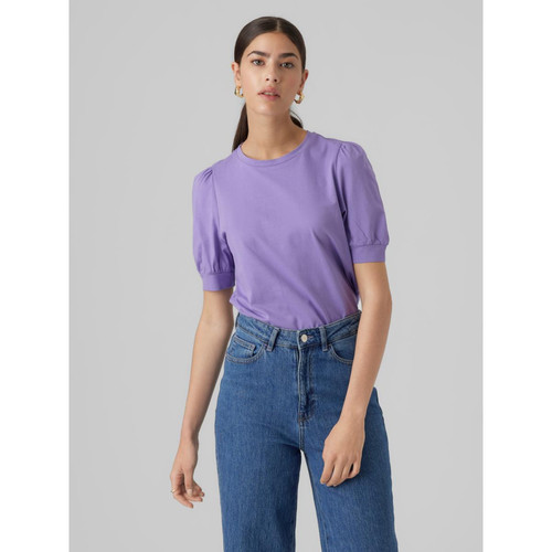 Vero Moda - T-shirt Regular Fit Col rond Manches courtes violet en coton Agnes - Toute la mode