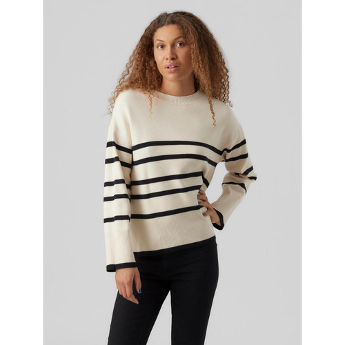 Vero Moda - Pull en maille Rayures Col rond Manches longues Large beige gris Emma - Pull femme