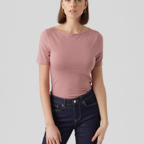 T-shirt Slim Fit Col bateau Manches courtes Longueur regular rose en coton modal Vero Moda Mode femme