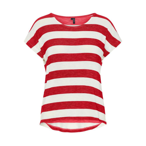 T-shirt Boxy Fit Rayures Col rond Manches courtes Ourlet bas rouge en viscose T-shirt manches courtes