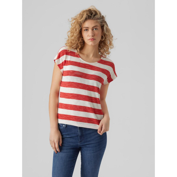 T-shirt Boxy Fit Rayures Col rond Manches courtes Ourlet bas rouge en viscose Vero Moda Mode femme
