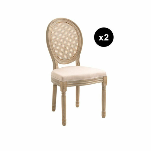 3S. x Home - Lot de 2 chaises médaillon en bois massif et en tissu Beige  - Chaise Et Tabouret Et Banc Design