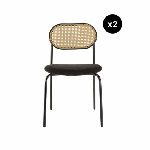 Macabane - Lot de 2 chaises assise tissu noir dossier effet cannage et métal LEA - Sélection meuble & déco ethnique